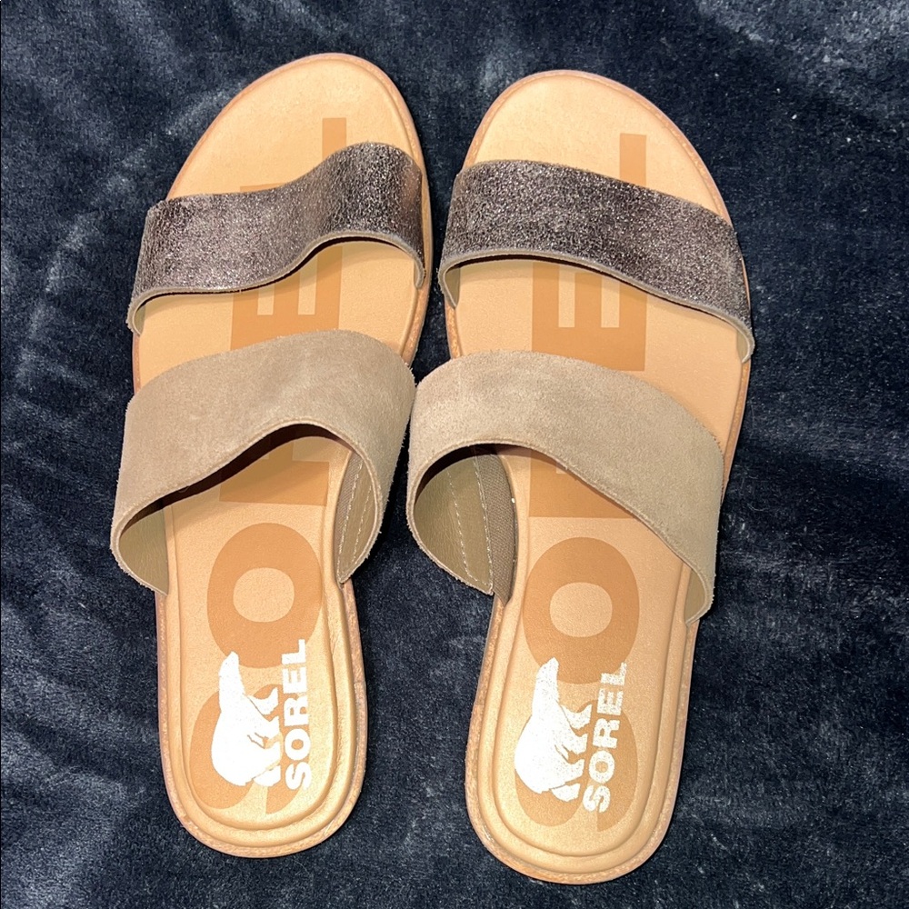 Sorel Tan and Gray Slide Sandals Size 8.5